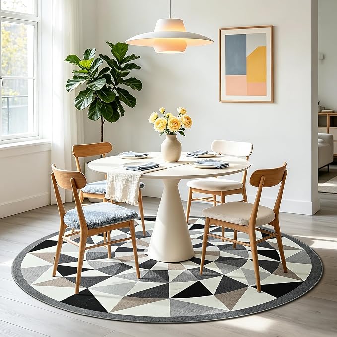 Terrug Grey and Beige Geometric Round Rug 5ft - Image 3