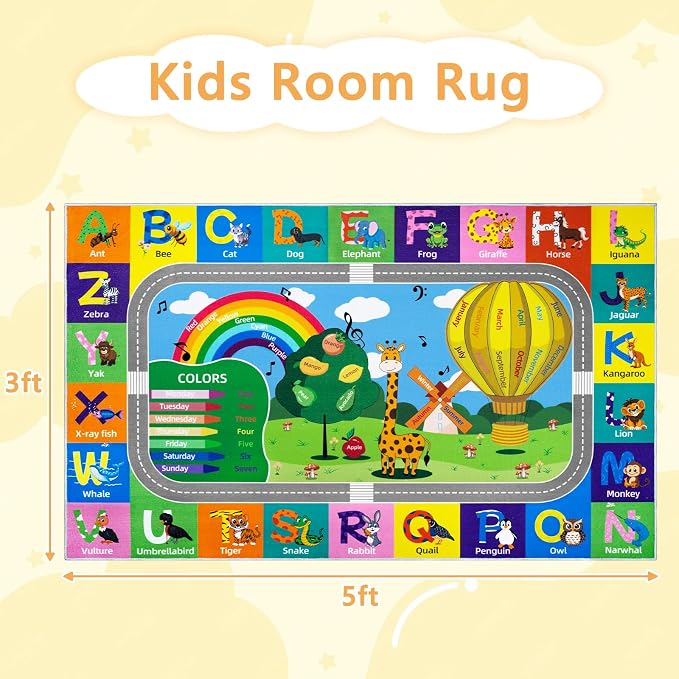 Kids Rug for Playroom Educational ABC Rug Washable Play Mat Learning Alphabet - Image 2