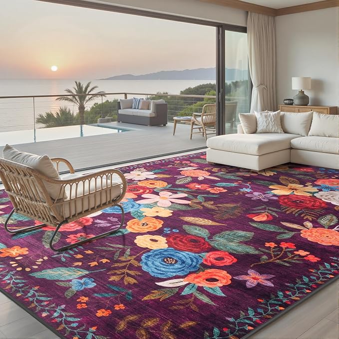 Area Rug 10x14 for Living Room, Non Slip Machine Washable Floral Rug, Low Pile by WelcometoBabovid