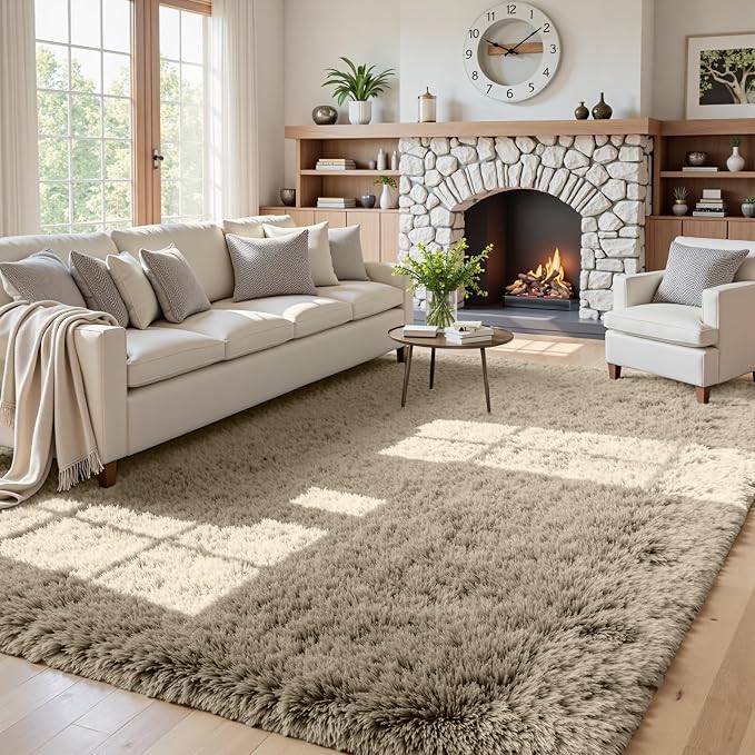 5x8 Area Rugs for Living Room: Soft Fluffy Shag Gray Camel Rugs for Bedroom by CarpetAddColortoYourLife
