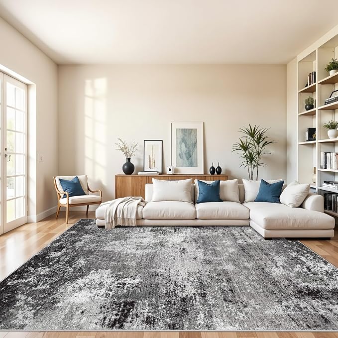 Washable Area Rug 9x12 Living Room – Neutral Modern Abstract Large Carpet by BYYVOORugsforYourHome