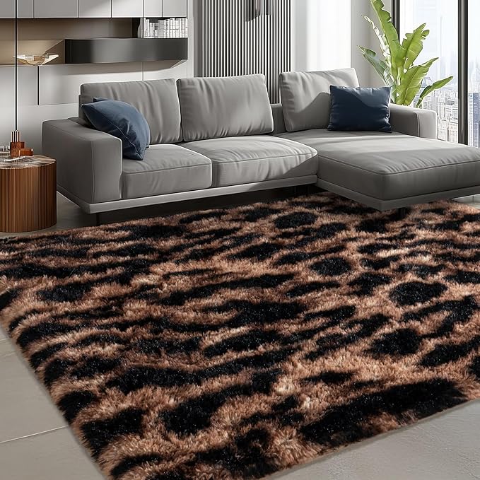 Shag Rugs for Living Room 5x7, Ultra Soft Tie-Dyed Brown Leopard Big Fuzzy Rugs - Image 5
