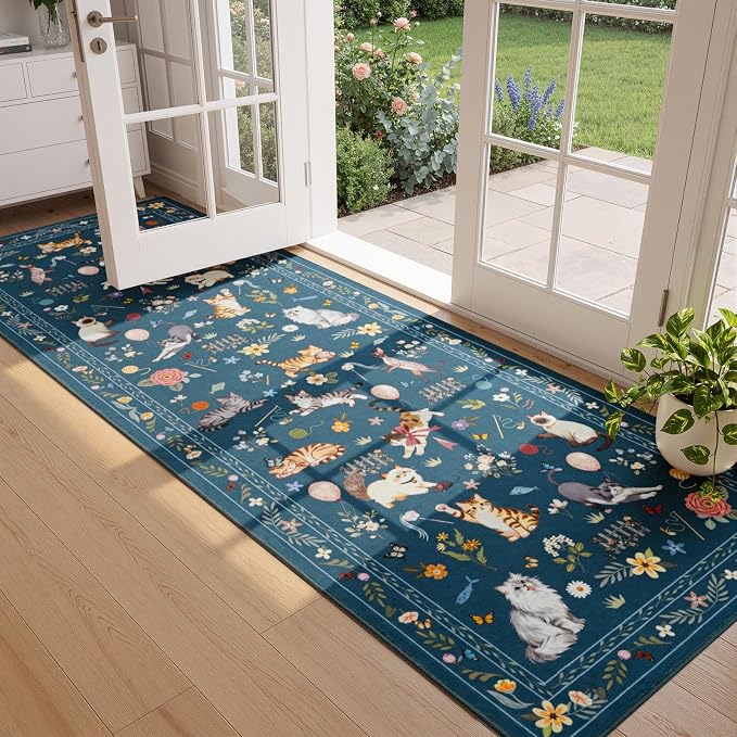 Unirea 2.6x8 Dark Blue Cat Runner Rug, Washable Non Slip Botanical Rug - Image 7