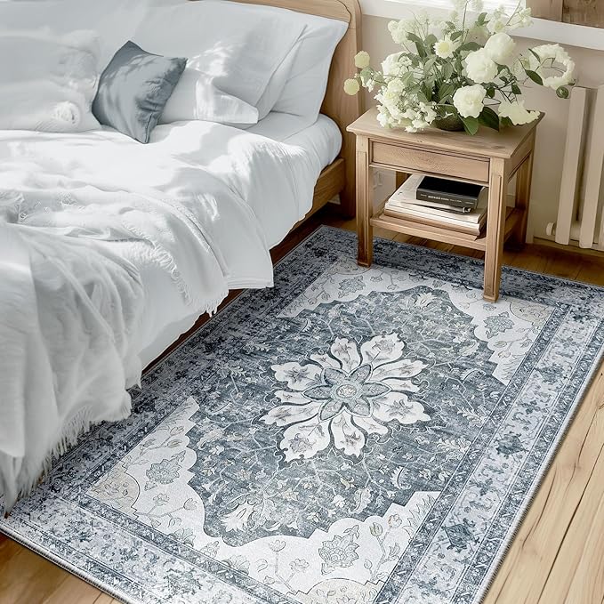 RELEANY Area Rugs 3'x5' Washable Non-Slip, Floral Vintage Distress Medallion by RELEANY