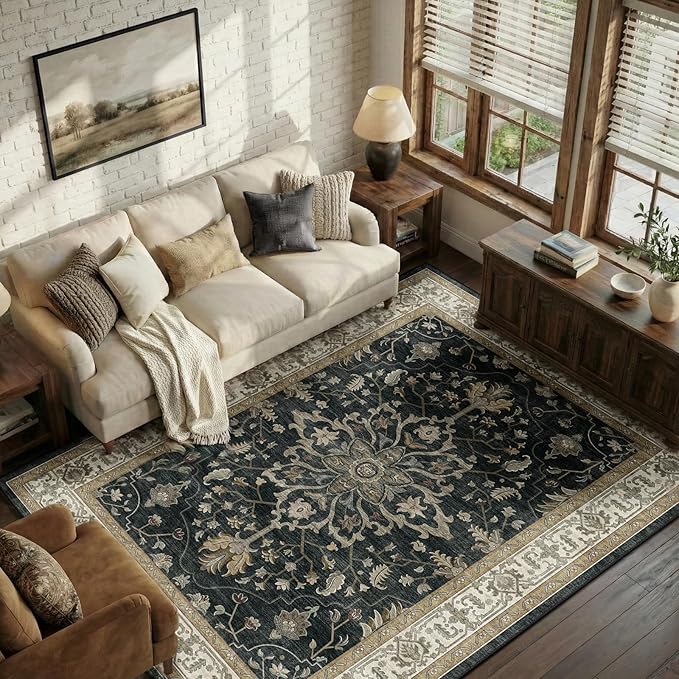 RELEANY Area Rugs 6'x9' Washable Non-Slip, Floral Vintage Distress Medallion by RELEANY