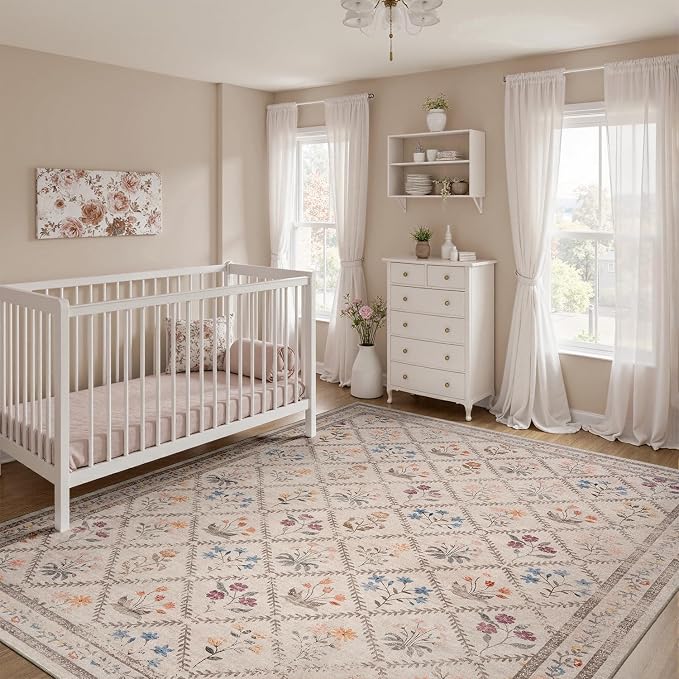 DCX Washable 5x7 Rose Biege Floral Rug - Image 5