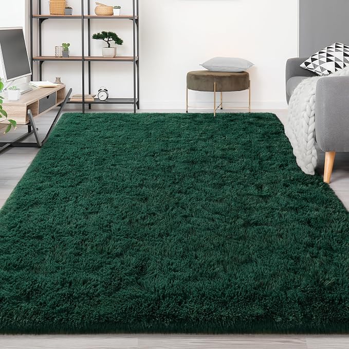 FlyDOIT Large Area Rugs for Living Room, 5x8 Feet Deep-Green Shaggy Rug Fluffy - Image 9