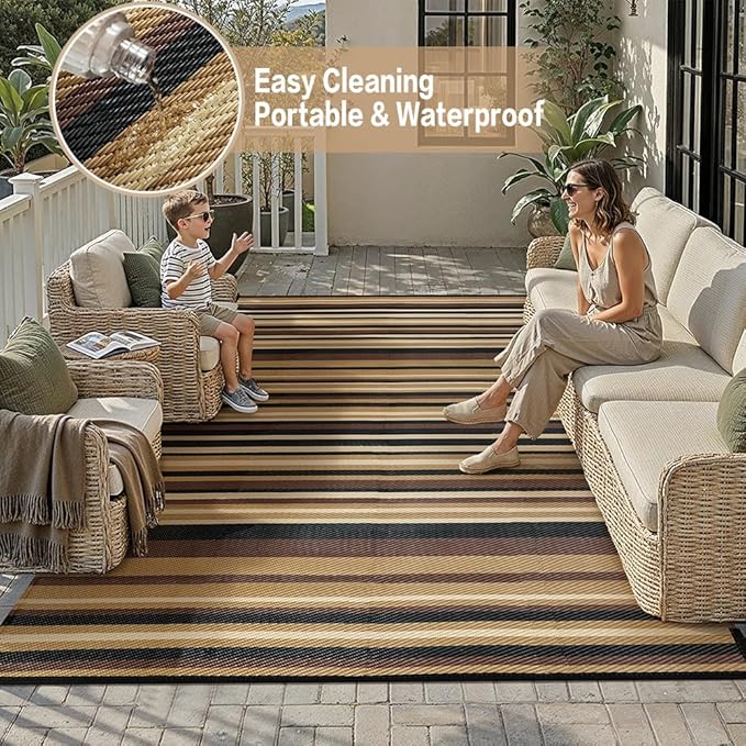 Outdoor Plastic Straw Rug Waterproof Patio 9x12 Brown Black Stripe Mat - Image 5