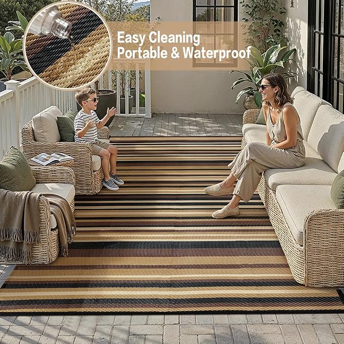 Outdoor Plastic Straw Rug Waterproof Patio 6x9 Brown Black Stripe Mat - Image 7