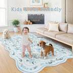 Blue Floral Area Rug 5x7, Washable Scalloped Boho Carpet - Image 4