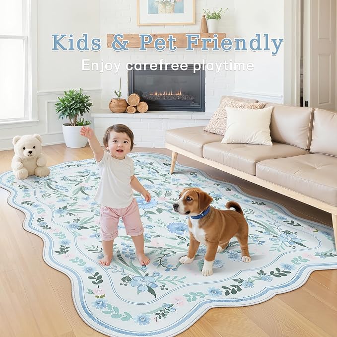 Blue Floral Area Rug 5x7, Washable Scalloped Boho Carpet - Image 4
