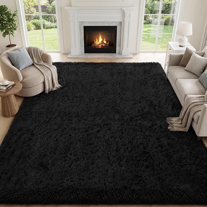 Area Rug for Living Room Bedroom: 9x12 Black Soft Fluffy Shag Upgrade Non-Slip by PLHXFRSoftAreaRugs