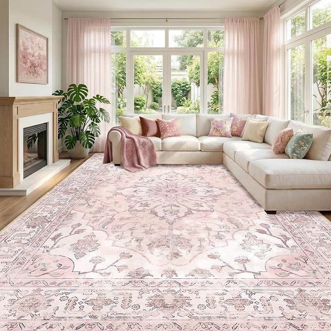 RELEANY Area Rugs Large 9'x12' Washable Non-Slip, Floral Vintage Distress by RELEANY