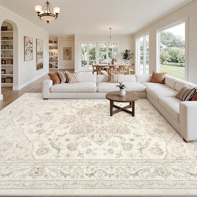 10x12 Area Rug for Living Room: Vintage Boho Neutral Washable Rug Indoor Soft by Luxturiy
