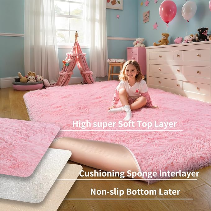 KICHOWUA Thick Area Rug 5x7 Pink Fluffy Shag – Ultra Soft Plush Fuzzy Washable - Image 4