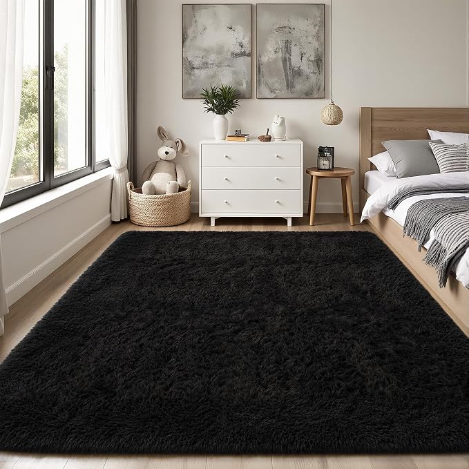 Area Rug for Living Room Bedroom: 5x7 Black Soft Fluffy Shag Upgrade Non-Slip - Image 2