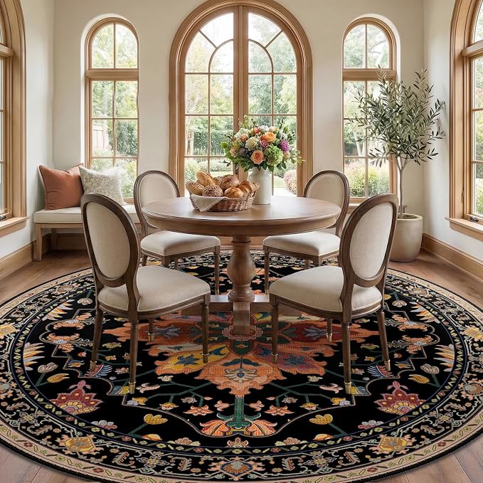 RELEANY Area Rugs Round 8ft Washable Non-Slip, Floral Vintage Distress - Image 2