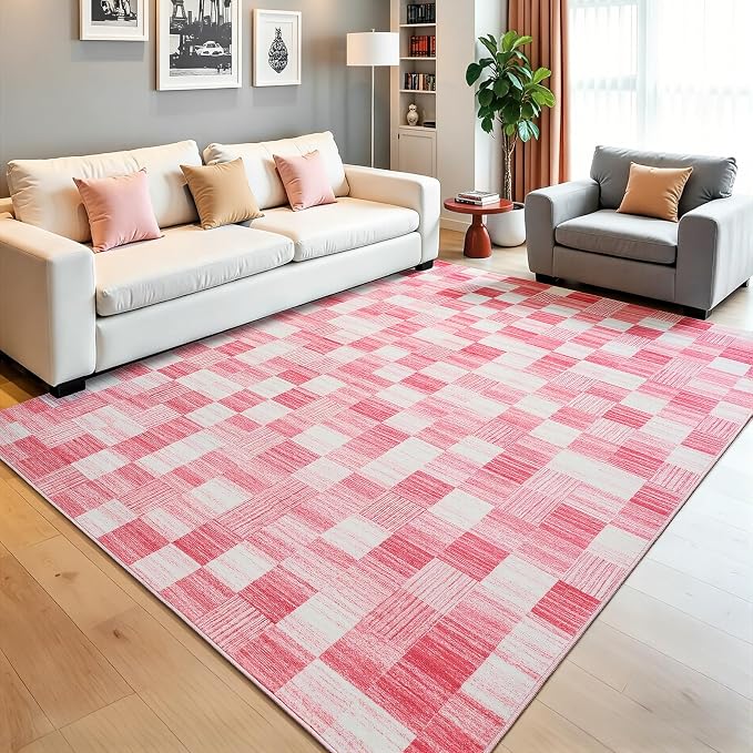 Terrug Pink Checkered Rug for Living Room, 5x7 Area Rugs Washable by TerrugHomeDecor