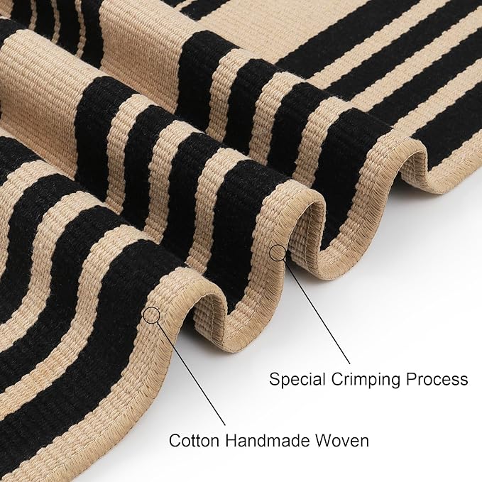 Striped Outdoor Front Door Mat 24"x51", Cotton Hand Woven Washable Black and - Image 3