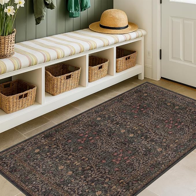Washable 3x6 Area Rug for Entryway, Dark Brown Boho Large Kitchen Rug, Home by HazoHaus