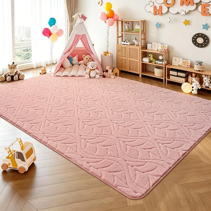 5x7 Pink Washable Area Rug for Bedroom Living Room, Leaf Geometric Patter Shag - Image 4