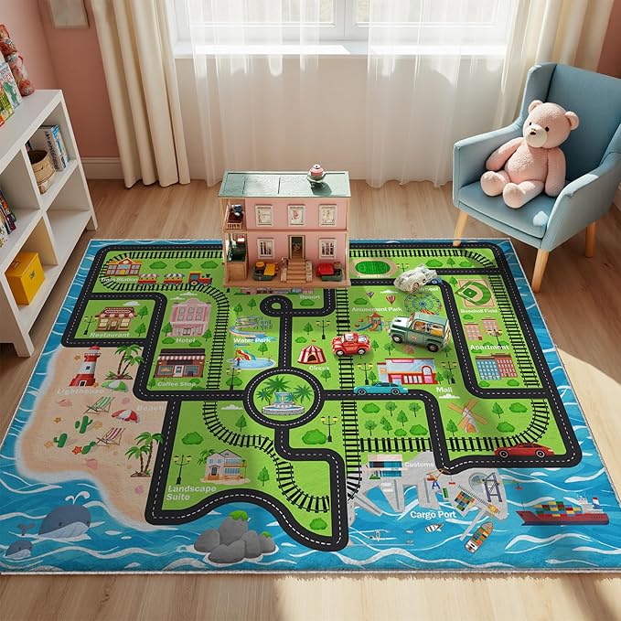5x7ft Kids Island Train Car Play Rug by Nayoroom
