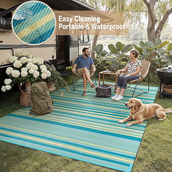 Outdoor Plastic Straw Rug Waterproof Patio 5x8 Teal Yellow Stripe Mat - Image 6