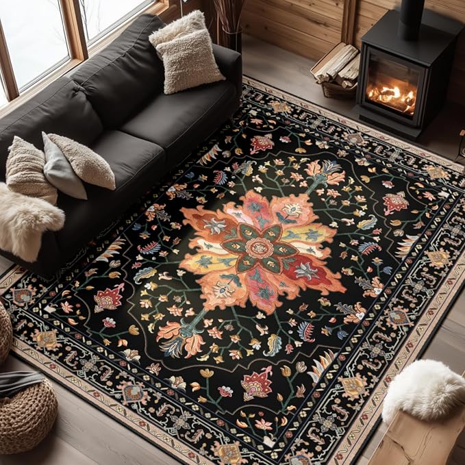 RELEANY Area Rugs 6'x8' Washable Non-Slip, Floral Vintage Distress Medallion by RELEANY