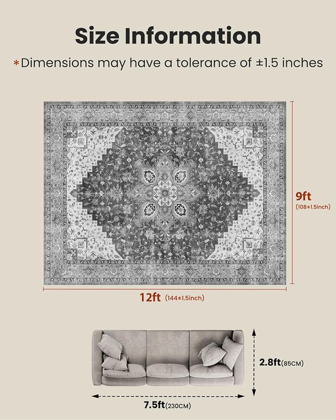 AMADA HOMEFURNISHING 9x12 Area Rugs, Low-Profile Large Washable Area Rug - Image 2