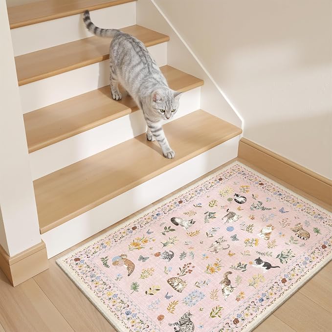 Soalmost 2x3 Cat Rugs for Entryway, Machine Washable Door Mat Animal Floral - Image 3