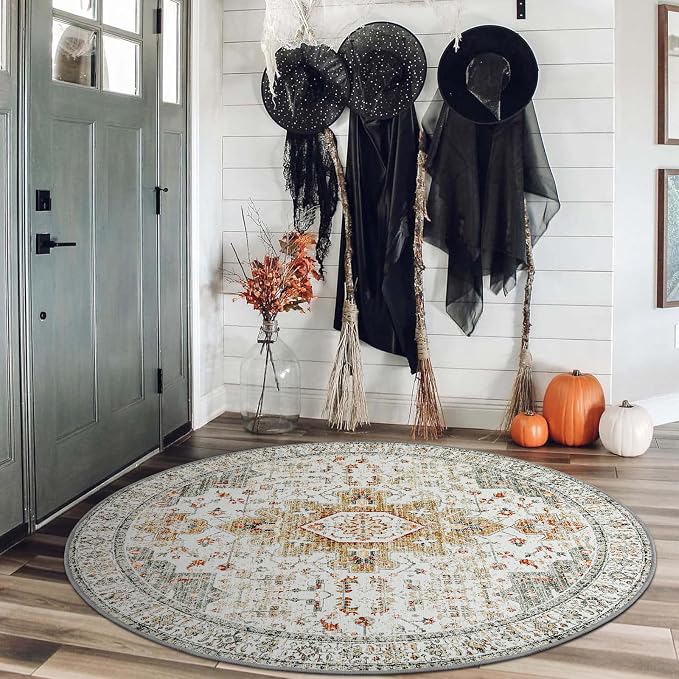 Moynesa Washable Round Rug 4ft, Vintage Medallion Area Rug Distressed Neutral - Image 3