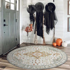Moynesa Washable Round Rug 4ft, Vintage Medallion Area Rug Distressed Neutral - Image 3