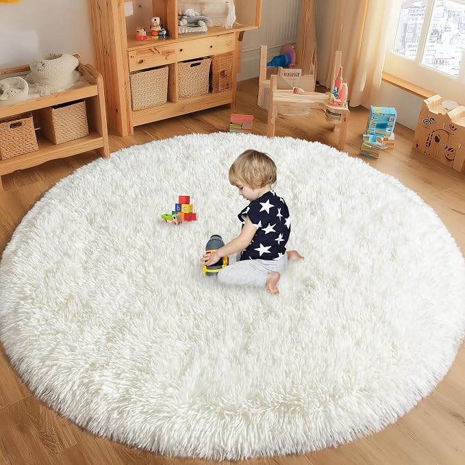 Round White Rug for Bedroom, 6 ft Circle Area Rugs for Living Room, Soft Fluffy - Image 3