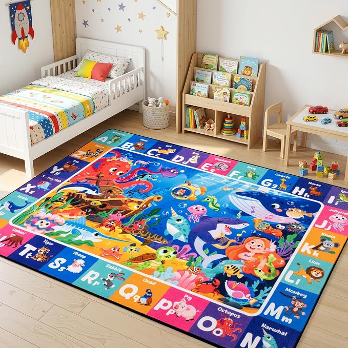 Kids Rug for Playroom, Sea Animal Play Rug, Educational Learning Play Mat - Image 4