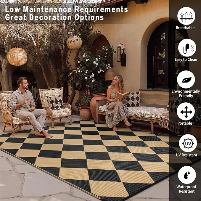Outdoor Plastic Checkered Rug Waterproof Patio 6x9 Black Brown Diamond Geometry - Image 4
