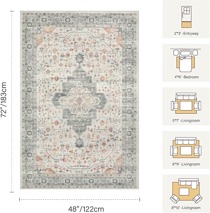 Rugxara Washable Area Rug for Living Room, Vintage Neutral Boho Rugs for Office - Image 2