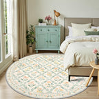 Round Area Rug for Living Room: 8 ft Floral Washable Circle Rug Soft Boho - Image 2