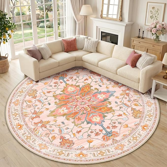 RELEANY Area Rugs Round 10ft Washable Non-Slip, Floral Vintage Distress by RELEANY