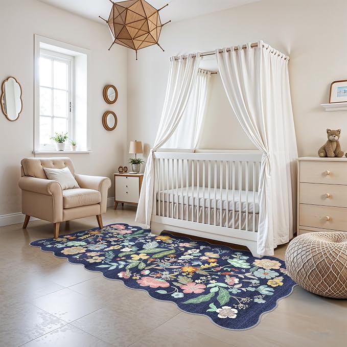 Washable 3x6 Hallway Runner Rug: Low-Pile Floral Scalloped Entryway Runners - Image 2