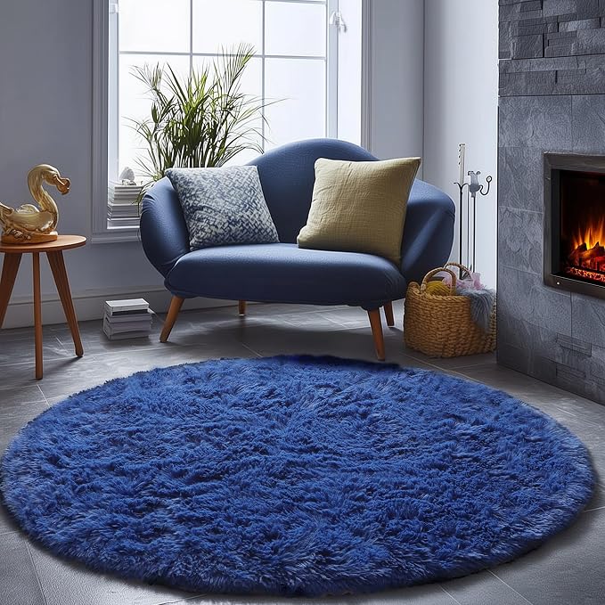 ONASAR Navy Blue Round Area Rugs 5ft, Soft Bedroom Circle Rug Floor Mat by ONASAR