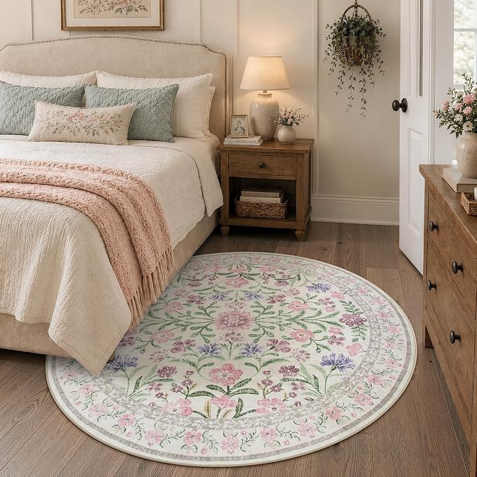 Wonnitar Floral Purple Round Area Rug 5ft, Soft Washable Kids Room Rug - Image 3
