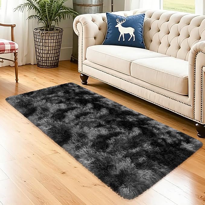 2x5 Feet Tie-Dye Black Grey Runner Rug - Image 2