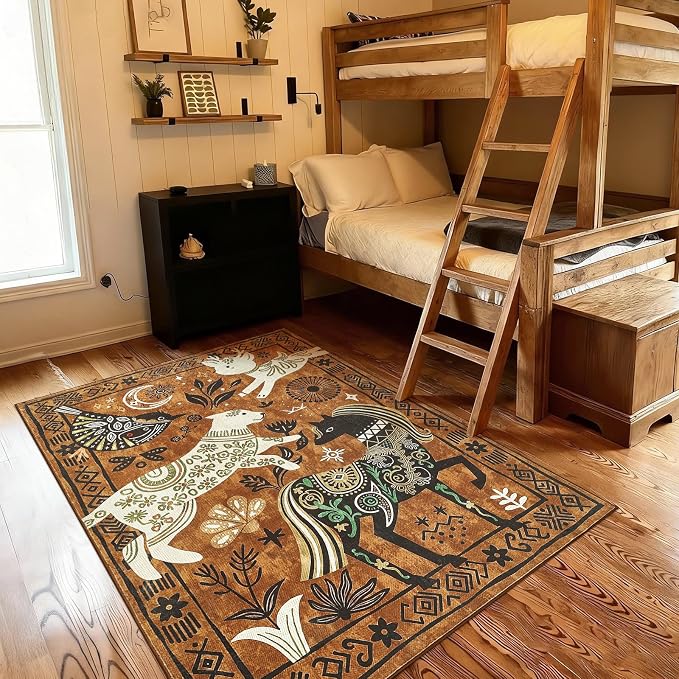 jinchan 5x7 Cute Area Rug Kids Washable Fun Rug Earthy Brown Starlit Boho by JINCHAN