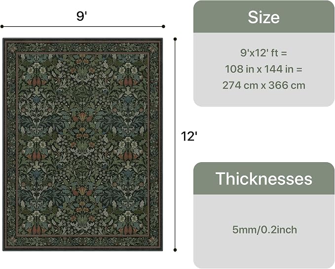 GENIMO 9x12 Washable Area Rug, Non-Slip Vintage Boho Floral Carpet, Soft - Image 2
