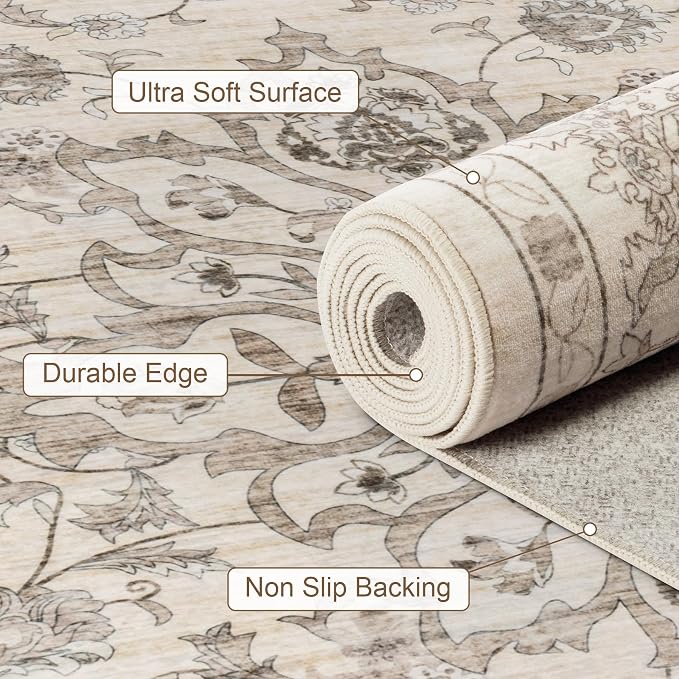 5x7 Area Rugs Living Room Rug: Washable Vintage Distressed Floral Rug No Slip - Image 7