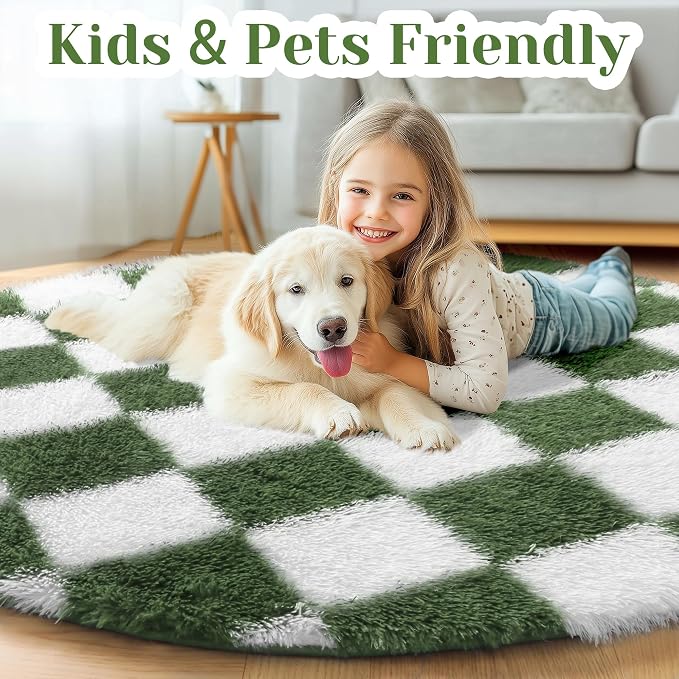 KICMOR Round Rug 4ft Olive Green and White Circle Area Rug, Fluffy Soft Fuzzy - Image 4