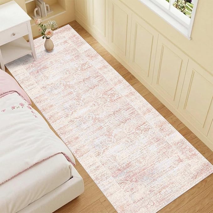 Latte&Fog Pink Washable Kitchen Runner Rug 2.6x8, Non Slip Low Pile Vintage Rugs - Image 3