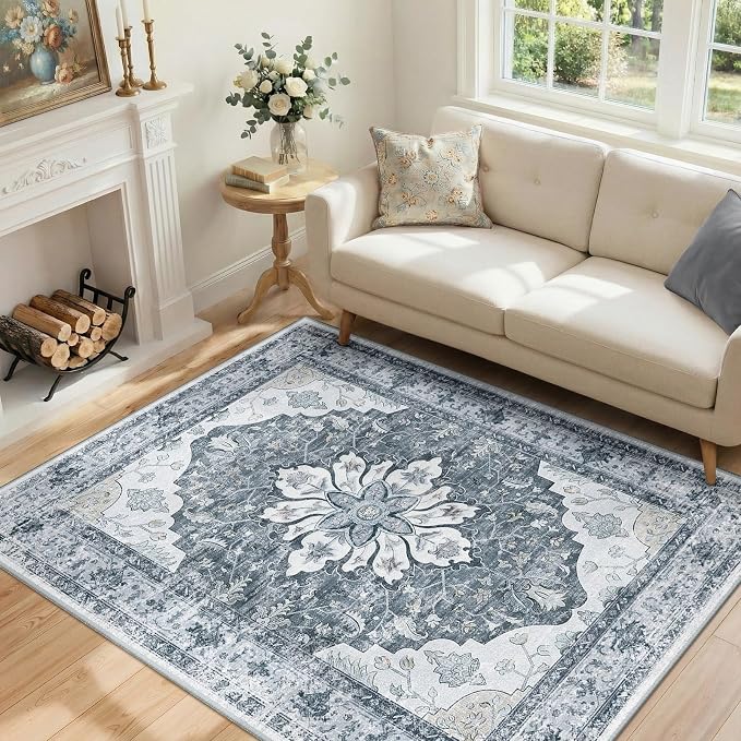 RELEANY Area Rugs 4'x6' Washable Non-Slip, Floral Vintage Distress Medallion by RELEANY