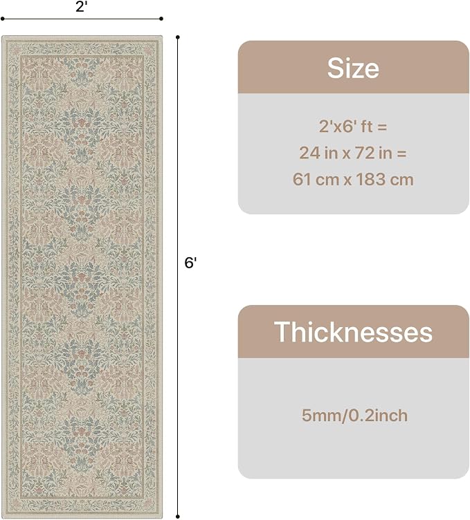 GENIMO Washable Floral Runner Rug 2x6, Non-Slip Long Hallway Carpet - Image 2