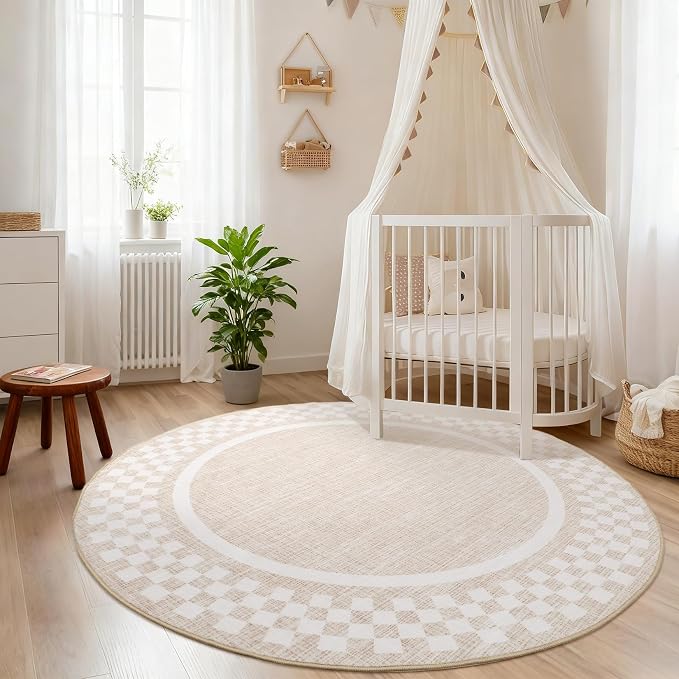 4ft Washable Round Rug for Entryway Modern Checkered Bedroom Circle Rug Non - Image 3